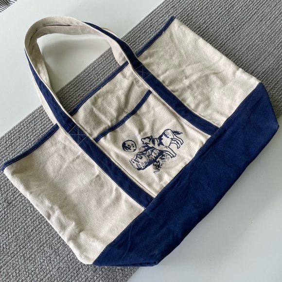 Vintage Ivory Navy Blue Embroidered Wolf Boat Oversized Tote Bag Fisherman Style - Picture 7 of 9